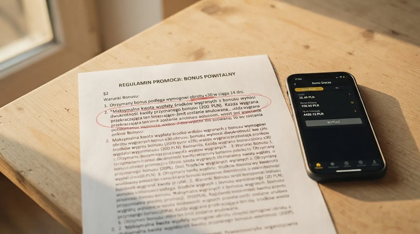 Wydruk warunków promocji z zakreślonym zapisem o wymogu obrotu i limicie wygranej, obok smartfona z otwartym kontem gracza