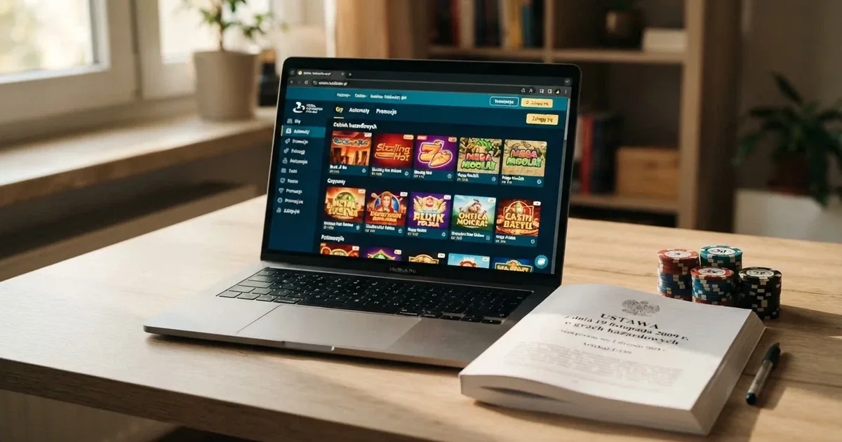 Laptop na biurku z otwartym serwisem kasyna internetowego obok wydruku ustawy o grach hazardowych i polskiego dowodu osobistego